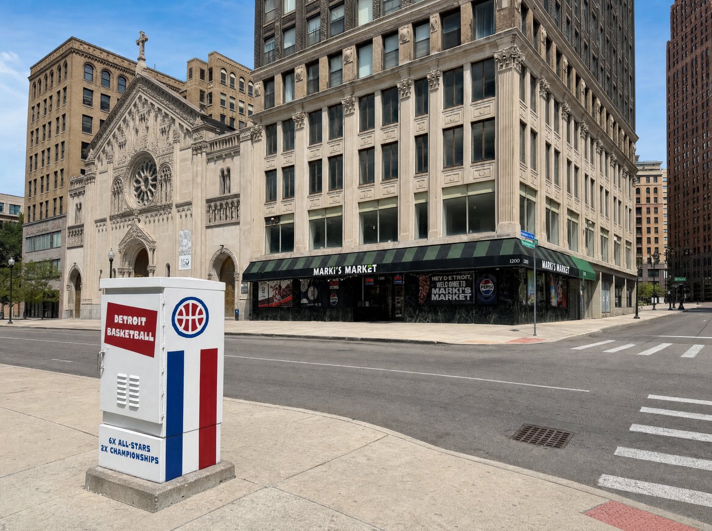 Washington Blvd storefront photo 2, with St. Aloysius Church visible